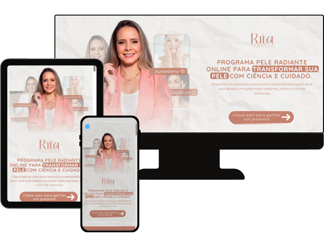 Site de skincare e estética em desktop, tablet e celular