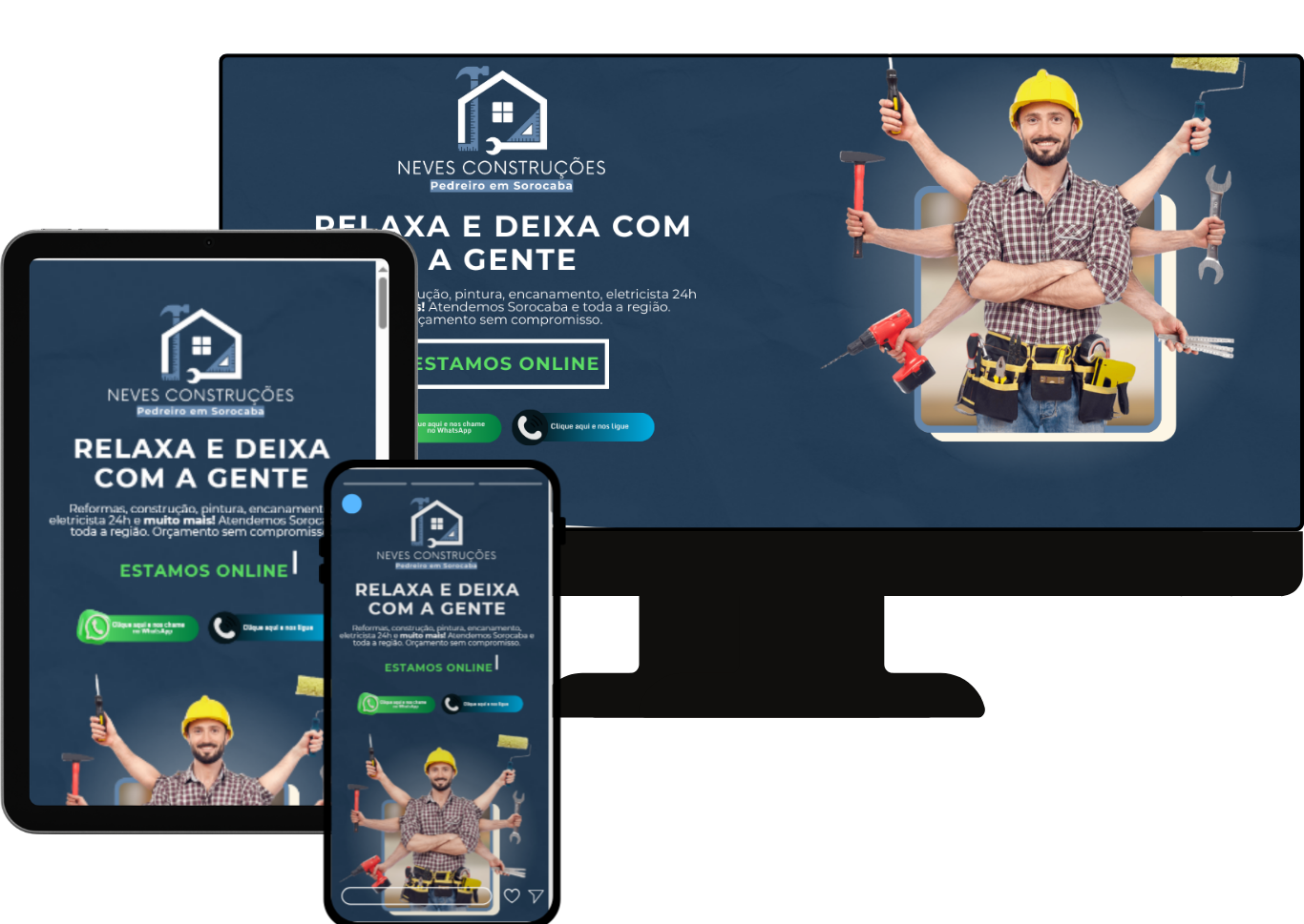 Site de pedreiro e construções em desktop, tablet e celular