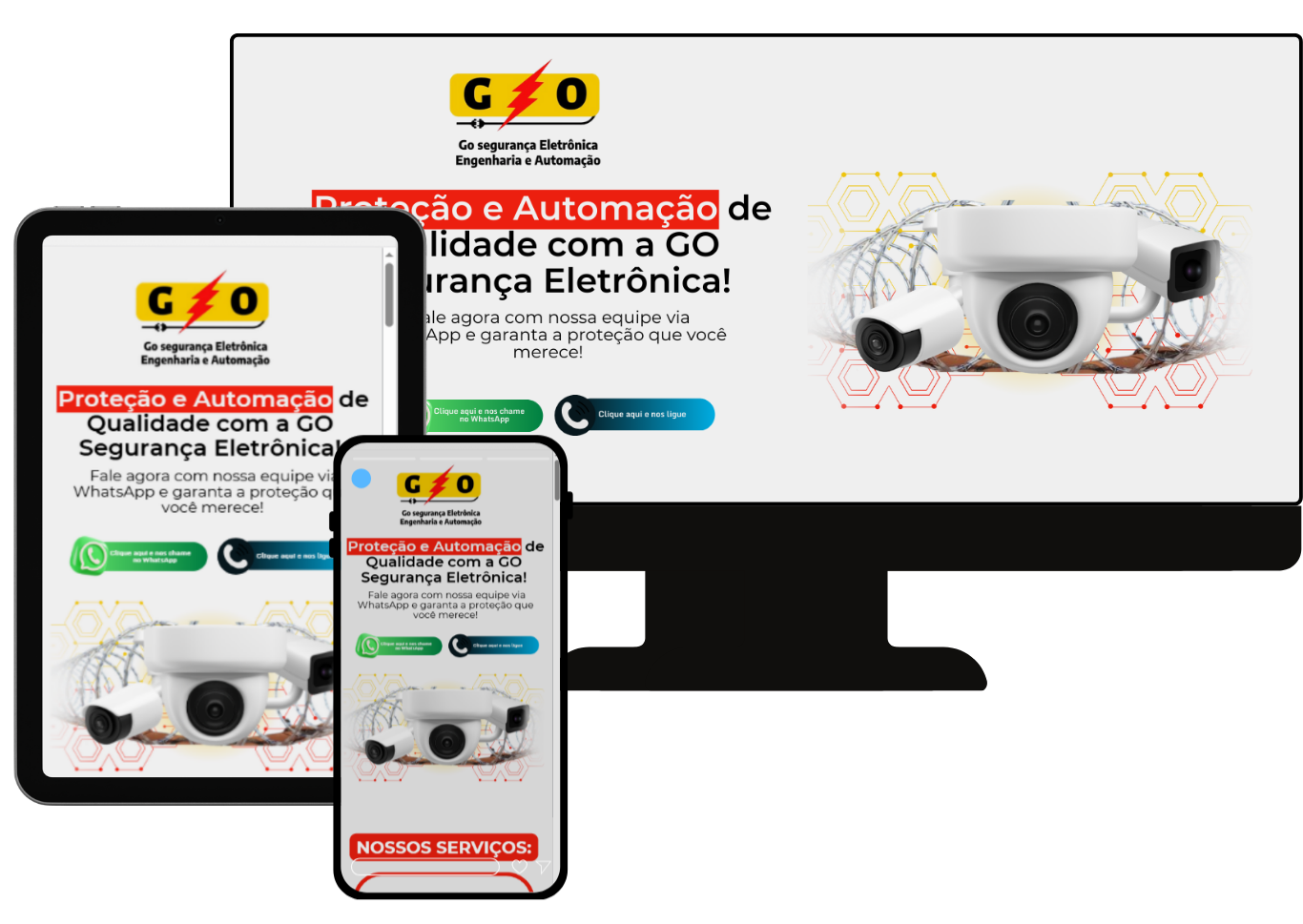 Site de segurança eletrônica em desktop, tablet e celular