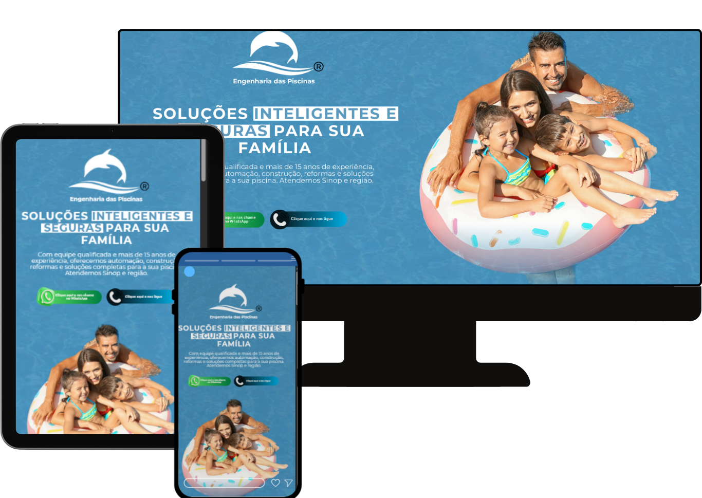 Site de engenharia de piscinas em desktop, tablet e celular